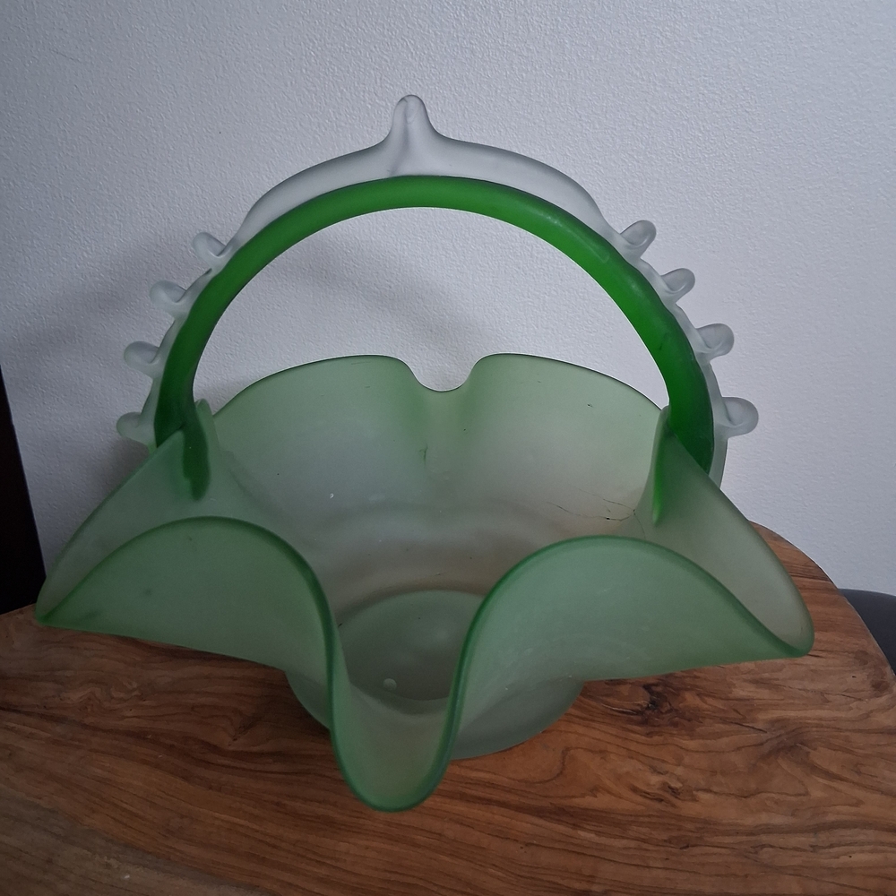 Green Glass Basket with Handle